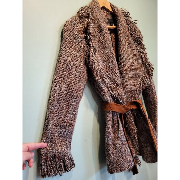 Intermix Brown Wool Blend Tweed Fringe Suede Belted Mid Length Wrap Jacket Sz S - Picture 4 of 9